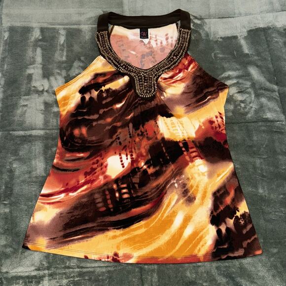 Wrapper Blouse Top Women’s XL Brown Yellow Sleeveless Beaded Neckline Boho Y2K - Picture 8 of 8